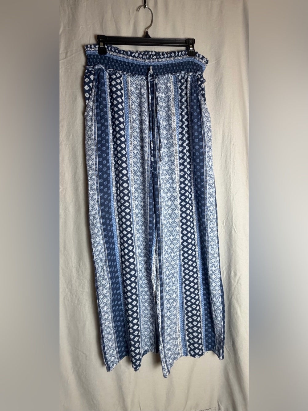 Women’s XL Blue White Boho Palazzo Pants Smocked Waist Wide Leg Pockets